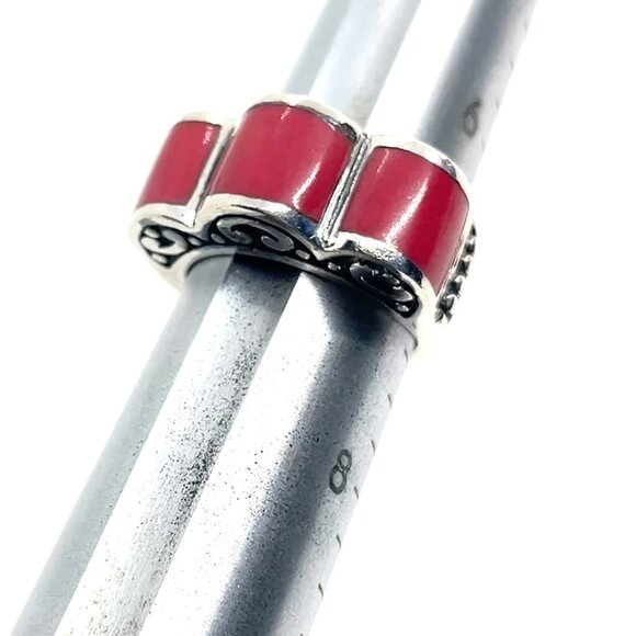 VINTAGE STERLING SILVER 925 RED CORAL STONE HS RING SCROLL SCALLOPED EDGE BOHO 7 - Picture 13 of 15